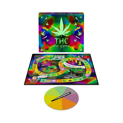 Colorful THC-themed board game set with vibrant game board, joint-shaped spinner, and multicolored player markers.