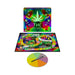Colorful THC-themed board game set with vibrant game board, joint-shaped spinner, and multicolored player markers.