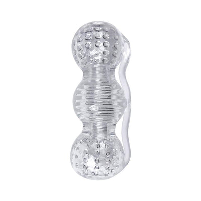 Clear textured three-chambered male masturbator with handle and finger grips for easy use.