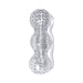 Clear textured three-chambered male masturbator with handle and finger grips for easy use.