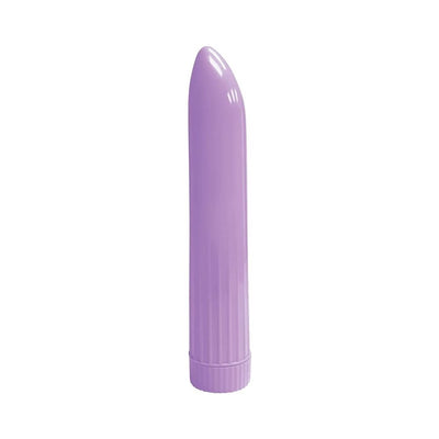 Compact pastel purple single-speed vibrator with smooth, rounded tip and ribbed base for easy grip.