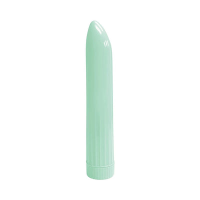 Pastel mint green compact single-speed vibrator with smooth, rounded tip and ribbed base for easy grip.