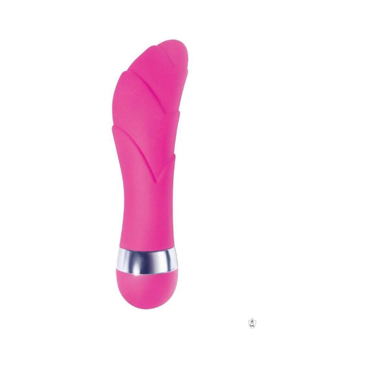 Compact pink mini vibrator with textured ridges and silver accent base on white background