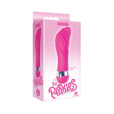 Pink silicone mini vibrator with flower bud ridge design in pink packaging labeled Pinkies Buddy, waterproof and compact size.