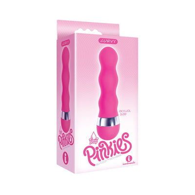 Pink curvy mini vibrator with wavy texture in waterproof packaging labeled Pinkies by Iconbrands.