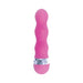 Pink curvy mini vibrator with textured waves and silver accent base on a white background.