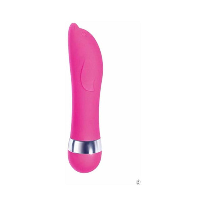 Compact pink dolphin-shaped mini vibrator with smooth silicone finish and silver accent base.