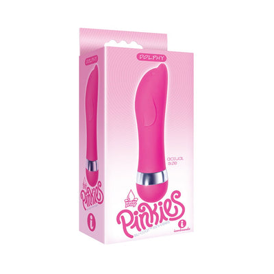 Pink dolphin-shaped mini vibrator in bright pink with silver accent, displayed in matching pink packaging.