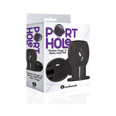 Black hollow tunnel butt plug with packaging showing product name and brand Iconbrands