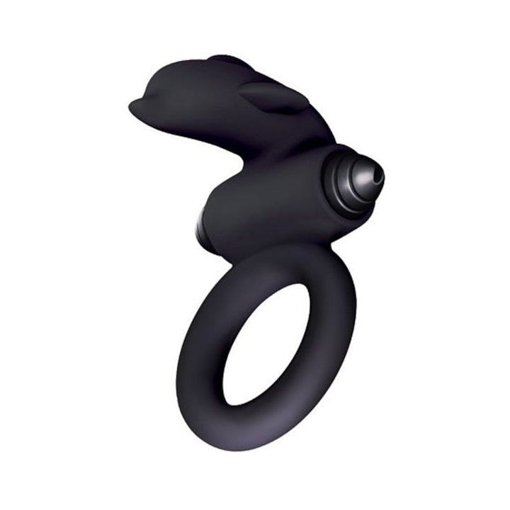 Black silicone vibrating cock ring with a rabbit-shaped stimulator and bullet vibrator attachment.
