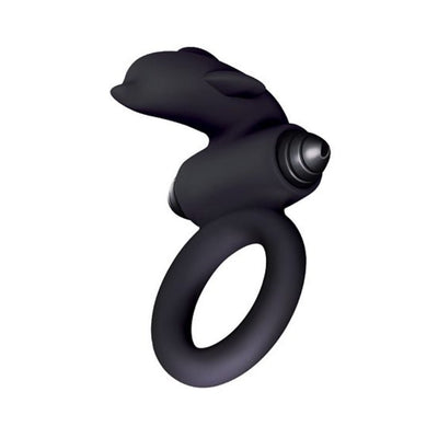 Black silicone vibrating cock ring with a rabbit-shaped stimulator and bullet vibrator attachment.