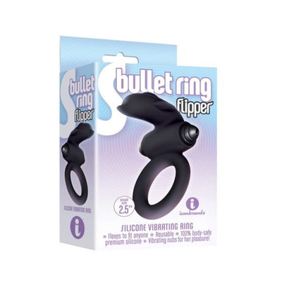Packaging of The 9's S-bullet Ring Flipper, a black silicone vibrating ring with stimulating nubs, 2.5 inches in size.