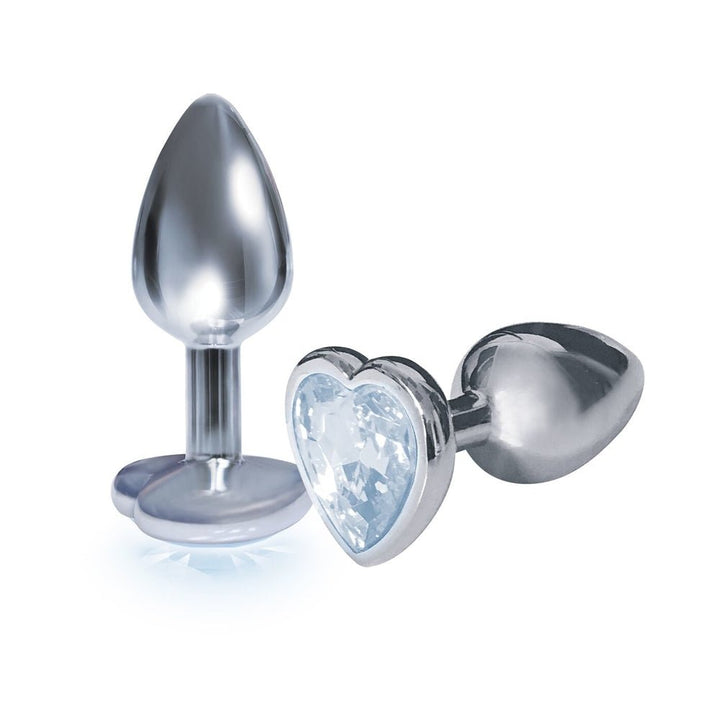 Bejeweled stainless steel starter plug with heart-shaped crystal base, polished silver finish.