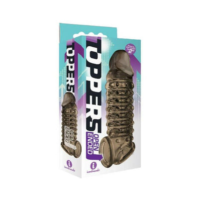 The 9's Toppers open-ended ribbed and nubbed penis extender in black packaging with product image and branding.
