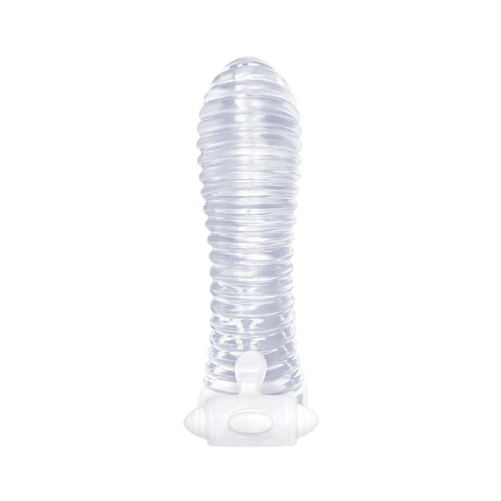 Clear ribbed vibrating extender from The 9's collection with textured design and attached control button.