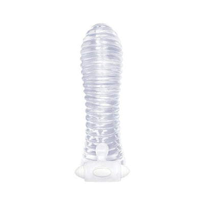 Clear ribbed vibrating extender from The 9's collection with textured design and attached control button.
