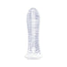 Clear ribbed vibrating extender from The 9's collection with textured design and attached control button.