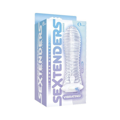 Clear ribbed vibrating sextender in packaging with purple and white design, highlighting vibration feature and actual size.