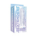 Clear ribbed vibrating sextender in packaging with purple and white design, highlighting vibration feature and actual size.