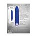 Blue All Mighty Bullet Vibrator with packaging and detailed product features listed on a gray background.