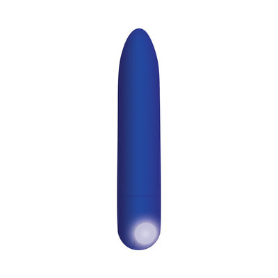Blue rechargeable mini bullet vibrator with tapered tip and illuminated power button on white background.