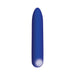 Blue rechargeable mini bullet vibrator with tapered tip and illuminated power button on white background.