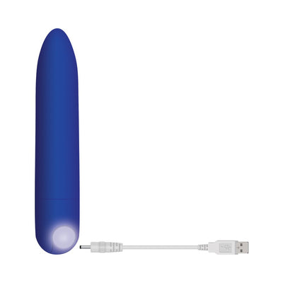 Blue rechargeable mini bullet vibrator with tapered tip and USB charging cable on white background.