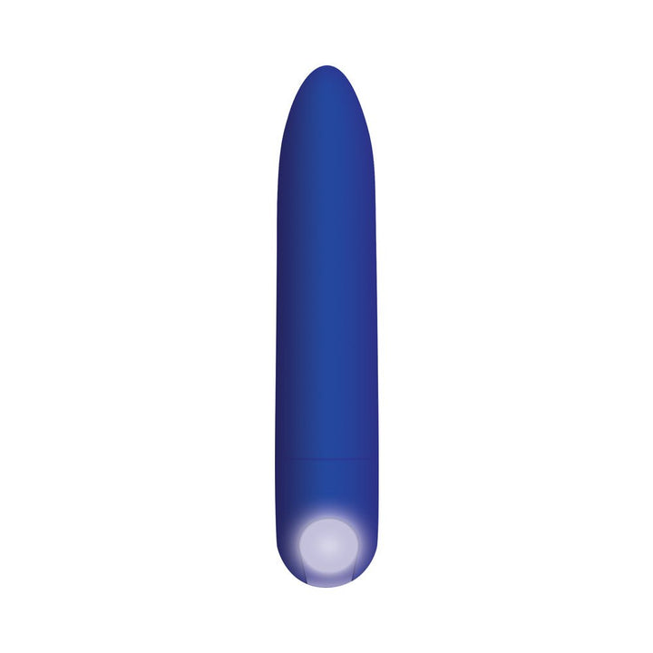 Blue rechargeable mini bullet vibrator with tapered tip and smooth finish on white background.