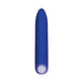 Blue rechargeable mini bullet vibrator with tapered tip and smooth finish on white background.