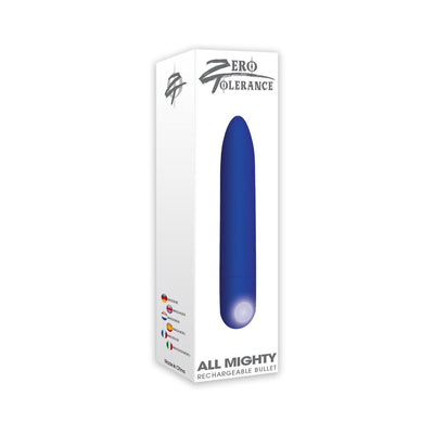 Packaging box of the All Mighty Bullet Vibrator in blue with product image and multilingual labels.