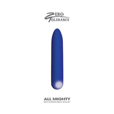 Blue rechargeable bullet vibrator with tapered tip and smooth finish, designed for precise stimulation and waterproof use.