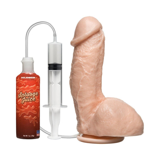Beige realistic dildo with suction base and attached squirting pump with bottle of Splooge Juice.