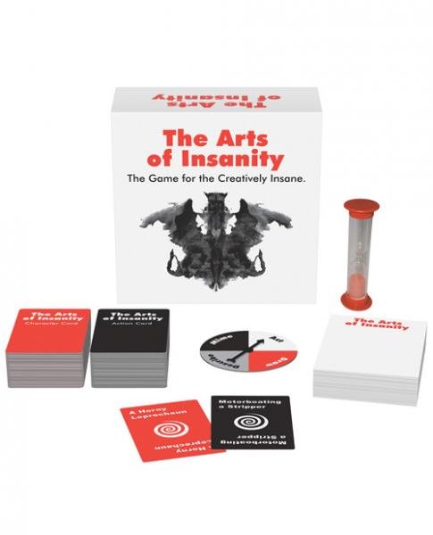 The Arts of Insanity adult party game set with cards, spinner, hourglass timer, and box featuring inkblot design.
