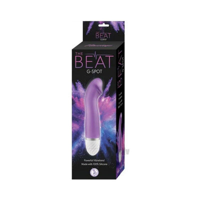 Purple curved G-spot vibrator in black packaging with colorful purple and blue accents, labeled The Beat G-Spot.