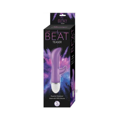 Purple curved vibrator with clitoral stimulator in black packaging featuring colorful powder design and product details.