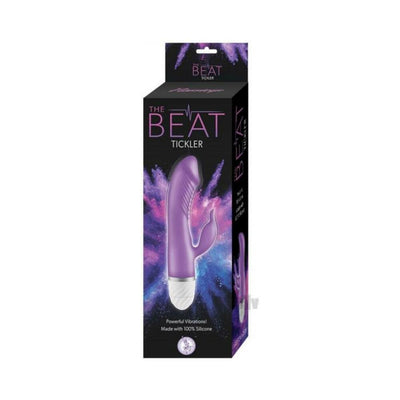 Purple curved vibrator with tickler attachment shown on black packaging with colorful abstract background and product name The Beat Tickler.