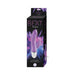 Purple curved vibrator with tickler attachment shown on black packaging with colorful abstract background and product name The Beat Tickler.