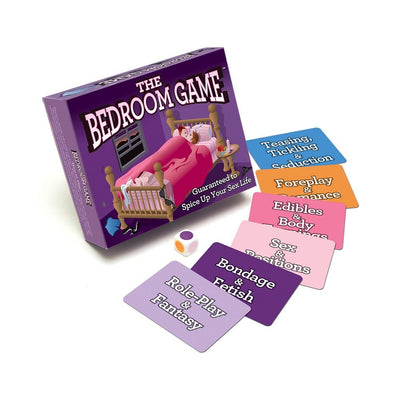 The Bedroom Game box with colorful category cards and a die, designed to enhance intimacy and connection for couples.