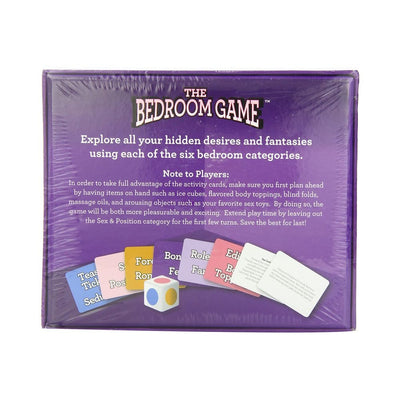 The Bedroom Game box back with description, colorful category cards, and a six-sided die on a purple background.