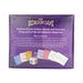 The Bedroom Game box back with description, colorful category cards, and a six-sided die on a purple background.