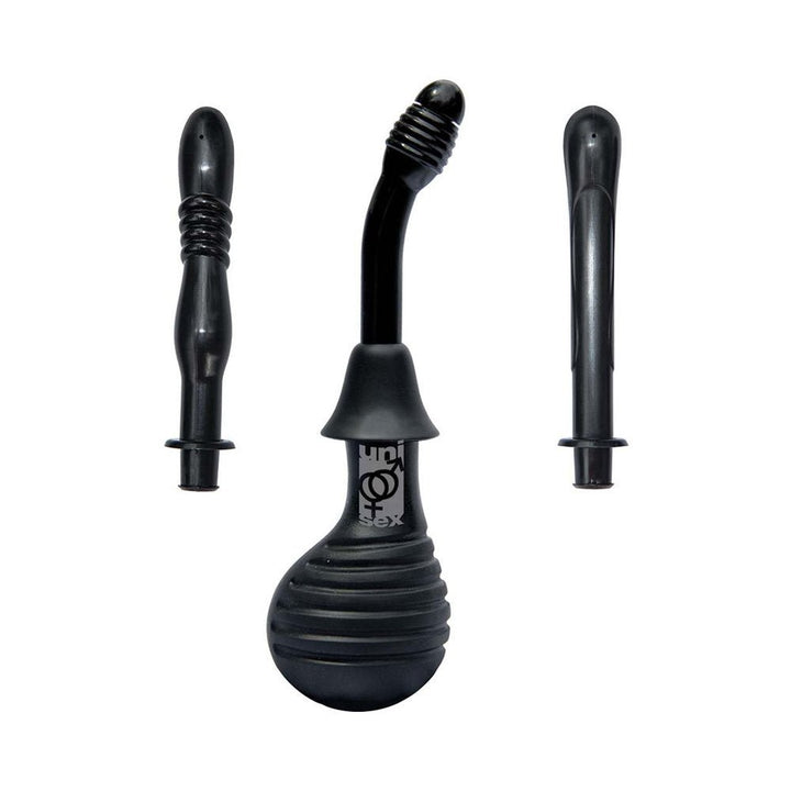 Black personal hygiene douche kit with three interchangeable attachments for versatile use.