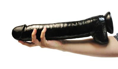 Hand holding a large black dildo measuring over 16 inches with realistic texture and suction base.