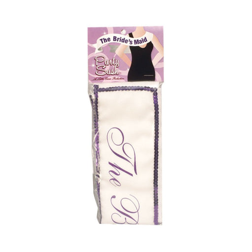 Packaged white Bride's Maid sash with purple sequin trim and elegant script lettering.