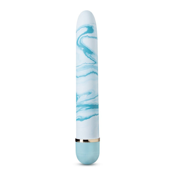 Blue and white marbled slim vibrator with a twist dial base in light blue and gold accent.