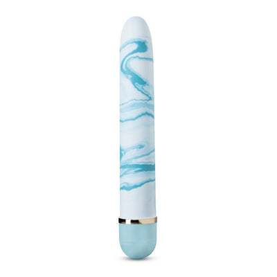 Blue and white marbled slim vibrator with a twist dial base in light blue and gold accent.