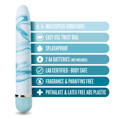 Blue and white marbled vibrator with multi-speed vibrations, twist dial, splashproof, battery operated, and body-safe ABS plastic.