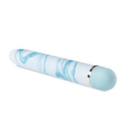 Sleek Blueberry Haze vibrator with smooth blue and white marbled design and twist dial control on a white background.
