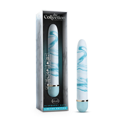 The Collection Blueberry Haze slim vibrator in blue and white marble design with packaging box.