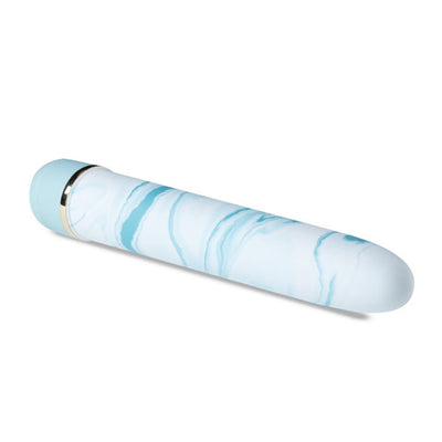 Blue and white marbled slim vibrator with twist dial control and gold accent on a white background.