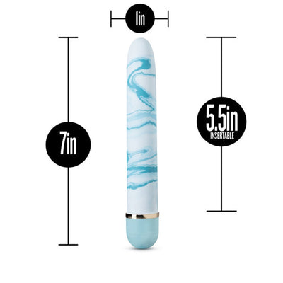 Blue and white marbled 7-inch personal vibrator with 5.5-inch insertable length and twist dial control.